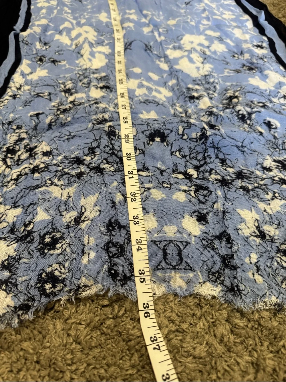 Talbots Blue Floral Oblong Scarf 100% Viscose Frayed Edge Layering Shawl